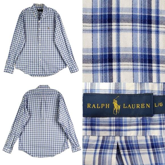 Polo Ralph Lauren Shirt Oxford Button Down Mens Size Large L LS Blue Plaid - Picture 1 of 9